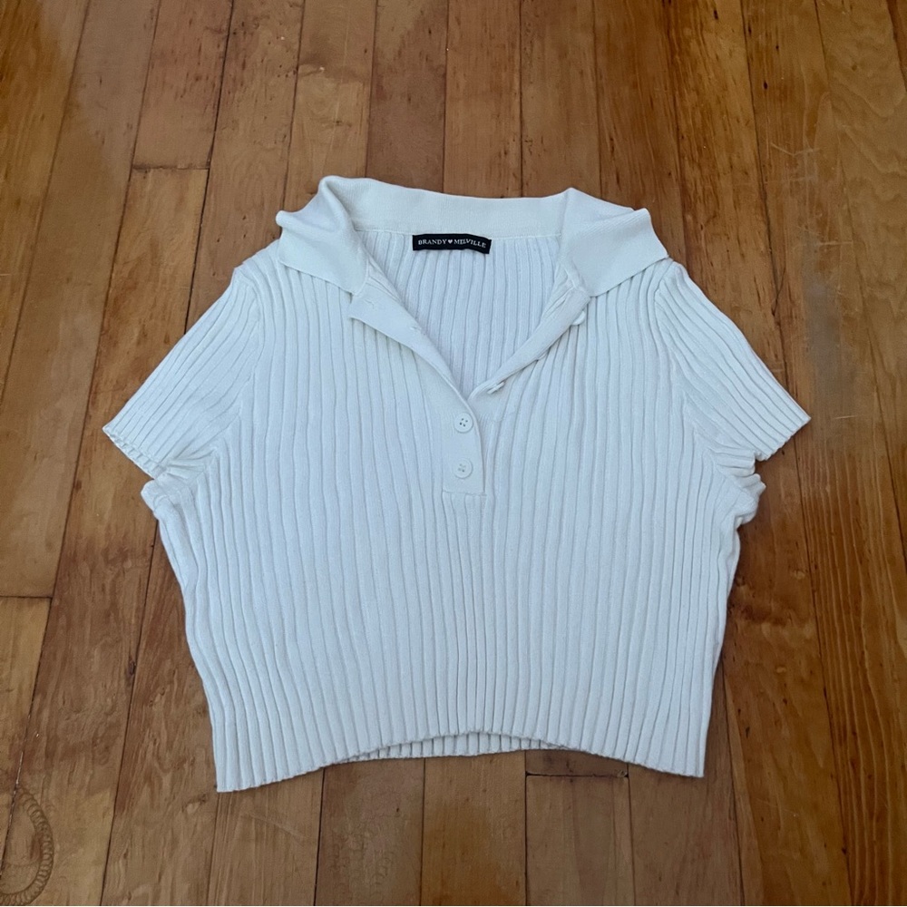 brandy ribbed cropped white polo tee